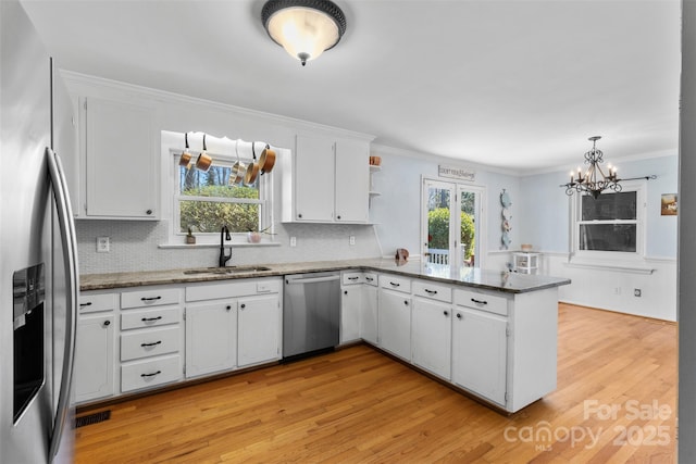 kitchen featuring a sink, plenty of natural light, stainless steel appliances, a peninsula, and white cabinets