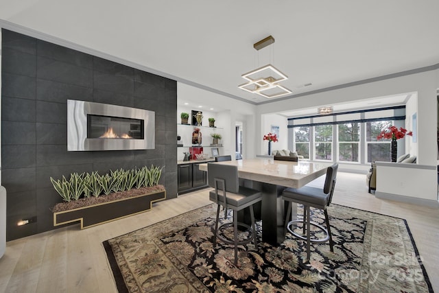 dining room featuring an accent wall, light wood finished floors, and tile walls