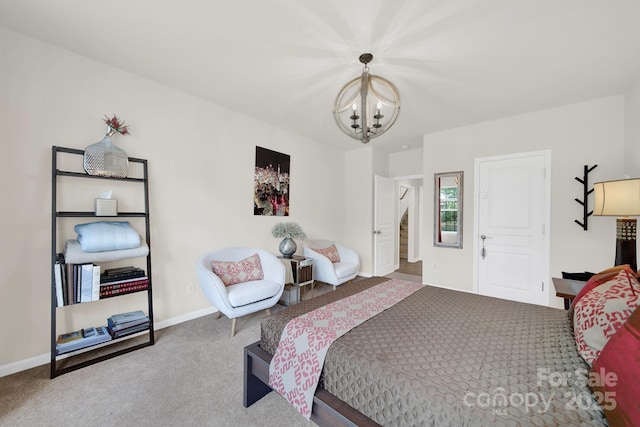 bedroom featuring carpet, a chandelier, and baseboards