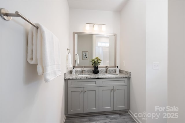 bathroom with double vanity, wood finished floors, a sink, and baseboards