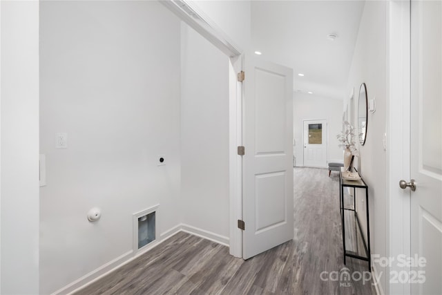 laundry room featuring laundry area, gas dryer hookup, dark wood-style flooring, hookup for an electric dryer, and recessed lighting