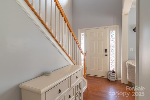 entryway featuring stairway and dark wood-type flooring