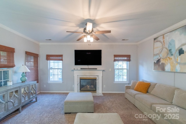 carpeted living area with plenty of natural light, a fireplace, baseboards, and crown molding