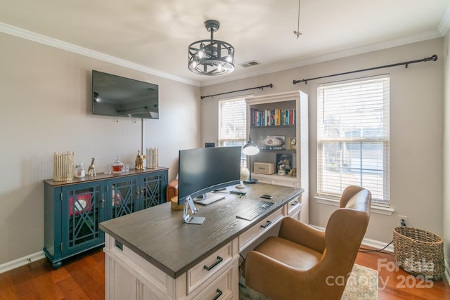 home office featuring baseboards, ornamental molding, and dark wood finished floors