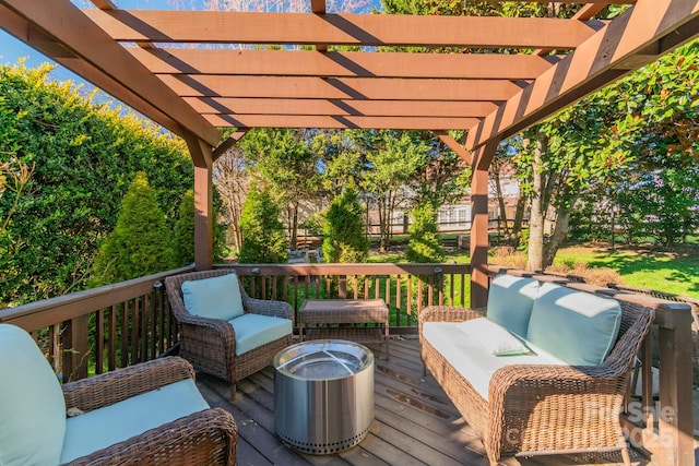 deck with an outdoor living space and a pergola