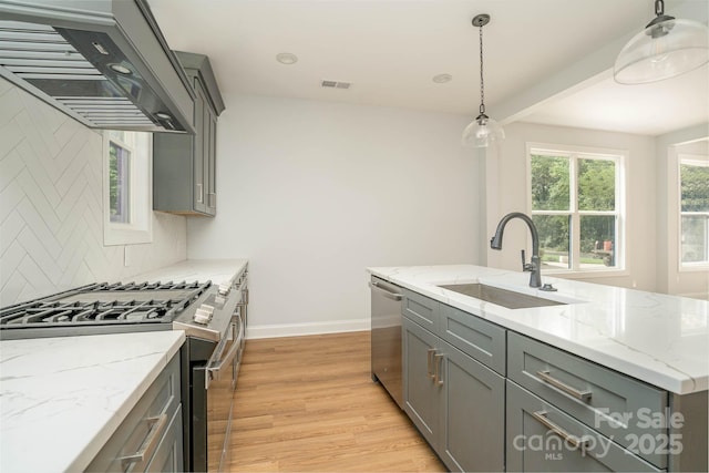110 Walters St, Huntersville, NC 28078 - kitchen with appliances with stainless steel finishes, a sink, gray cabinetry, extractor fan, and baseboards
