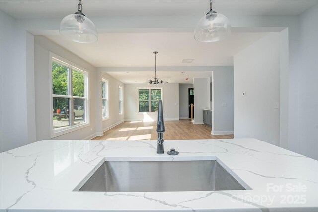 110 Walters St, Huntersville, NC 28078 - kitchen with a sink, light stone counters, light wood-style floors, and plenty of natural light
