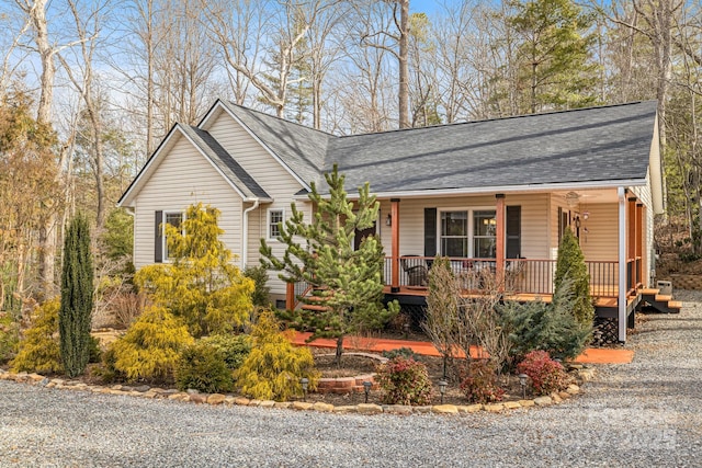 ranch-style house with a porch and a shingled roof