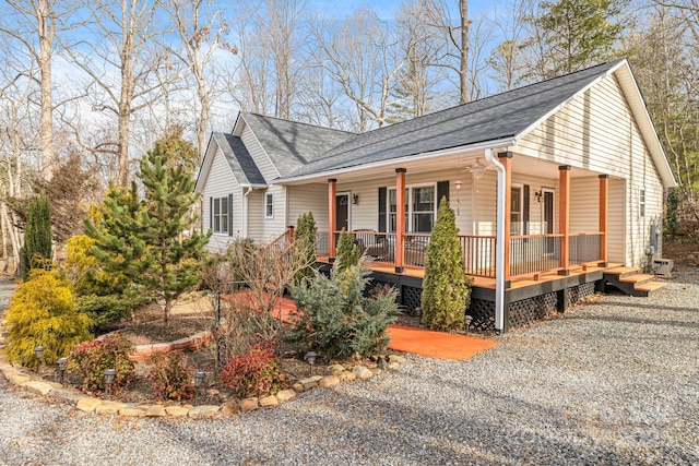 view of front of house featuring a porch, roof with shingles, and gravel driveway