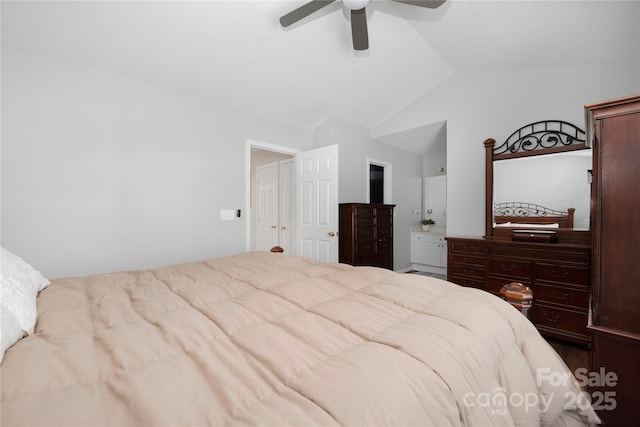 bedroom featuring lofted ceiling and ceiling fan