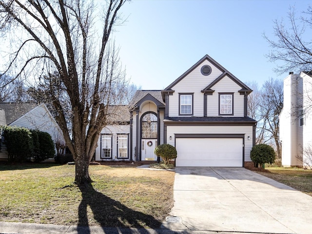 view of front of property with a garage, concrete driveway, and a front lawn