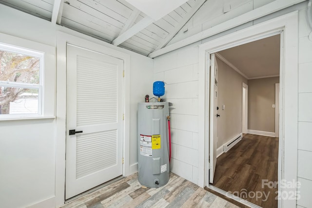 utilities with water heater and a baseboard radiator