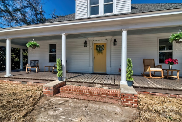 view of exterior entry with a porch and a shingled roof