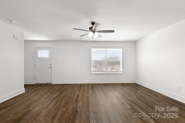 interior space with dark wood-style floors, ceiling fan, and baseboards