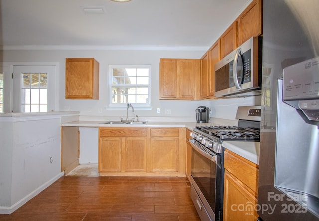 kitchen with ornamental molding, appliances with stainless steel finishes, dark wood-style flooring, and a sink