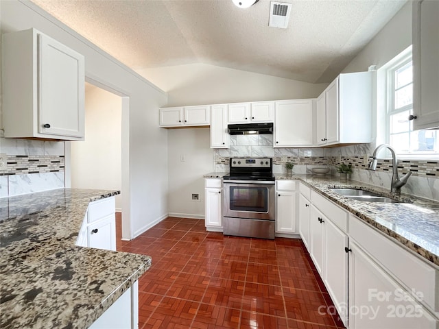 kitchen with under cabinet range hood, light stone counters, a sink, stainless steel electric range, and vaulted ceiling