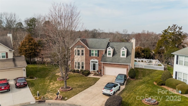 view of front facade featuring a garage, concrete driveway, brick siding, and a chimney