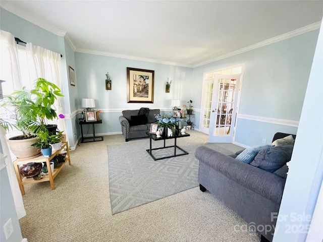 carpeted living room with baseboards, ornamental molding, and french doors