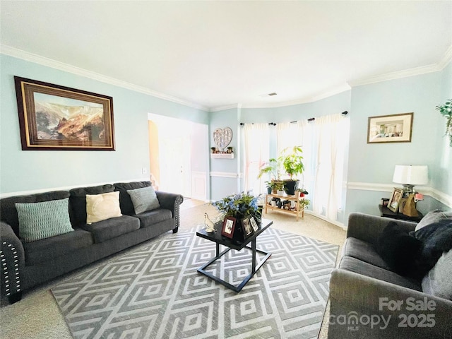 carpeted living area featuring ornamental molding and visible vents