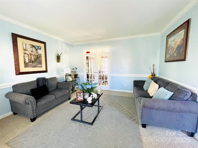 living area featuring ornamental molding, french doors, carpet, and baseboards