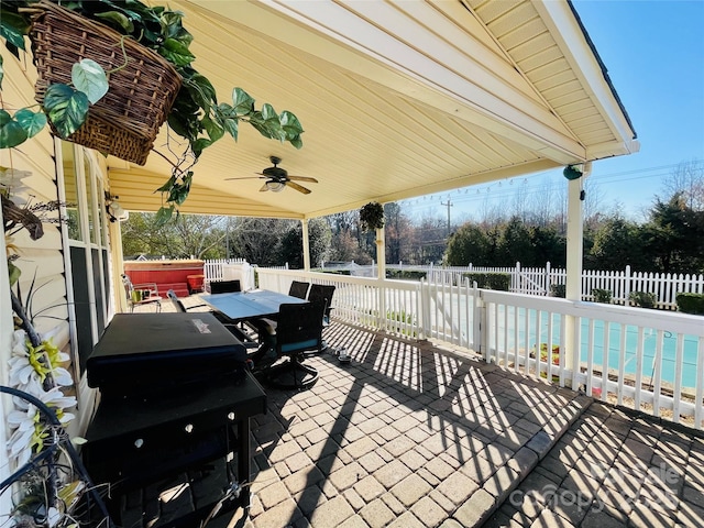 view of patio / terrace featuring outdoor dining area, a fenced backyard, ceiling fan, and area for grilling