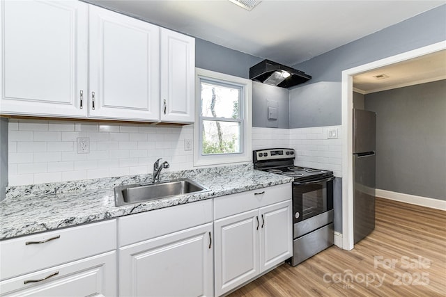 kitchen with stainless steel appliances, exhaust hood, a sink, white cabinets, and light wood finished floors