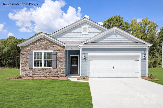 view of front of house with a garage, concrete driveway, stone siding, and a front yard