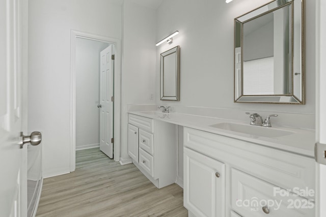 bathroom with double vanity, a sink, and wood finished floors