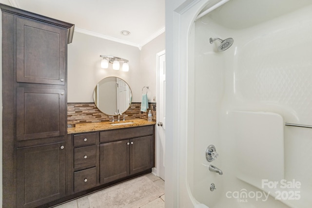 bathroom featuring shower / bathtub combination, ornamental molding, vanity, and decorative backsplash