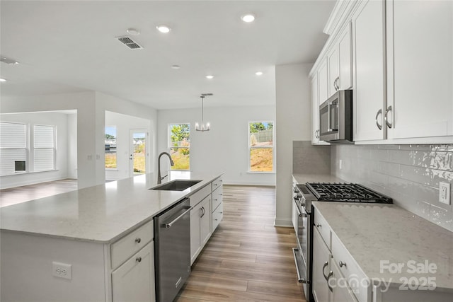 kitchen featuring stainless steel appliances, light stone counters, a sink, and a center island with sink