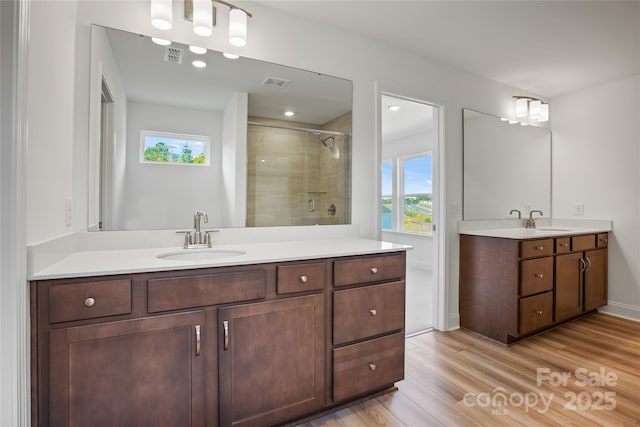 bathroom featuring two vanities, visible vents, a sink, and wood finished floors