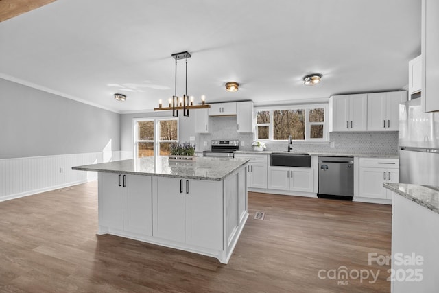 kitchen with wainscoting, wood finished floors, stainless steel appliances, white cabinetry, and a sink