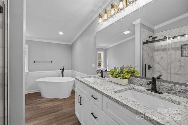 full bathroom with a wainscoted wall, ornamental molding, and a sink