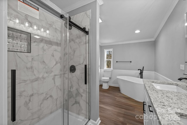 full bath featuring a marble finish shower, crown molding, and wood finished floors