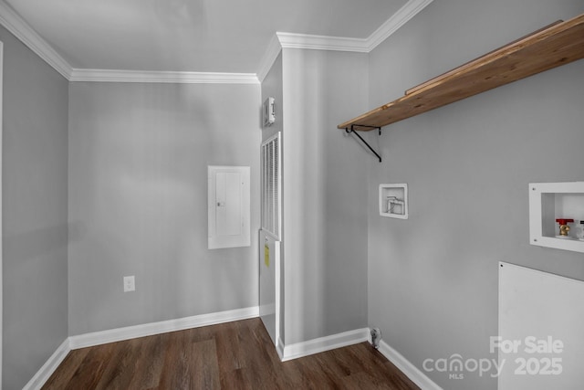 laundry room with laundry area, hookup for a washing machine, dark wood finished floors, and baseboards