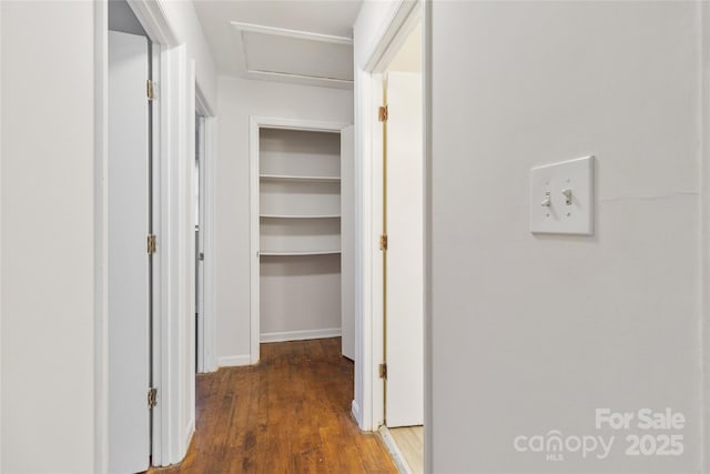 corridor featuring attic access and wood finished floors