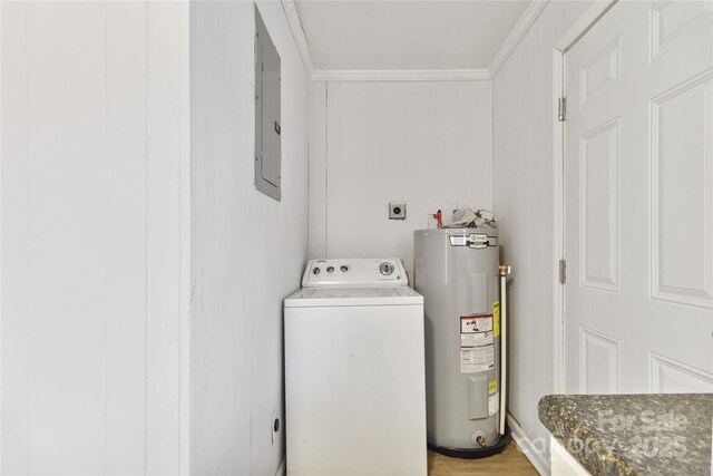 laundry area with water heater, ornamental molding, washer / dryer, laundry area, and electric panel