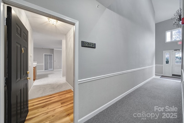 hall with carpet, baseboards, and wood finished floors