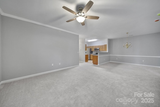 unfurnished living room with crown molding, light carpet, and baseboards