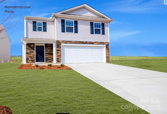 view of front of home featuring an attached garage, stone siding, board and batten siding, and a front yard