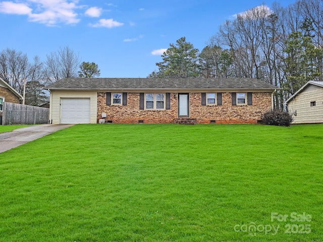 ranch-style home featuring a garage, a front yard, crawl space, and driveway