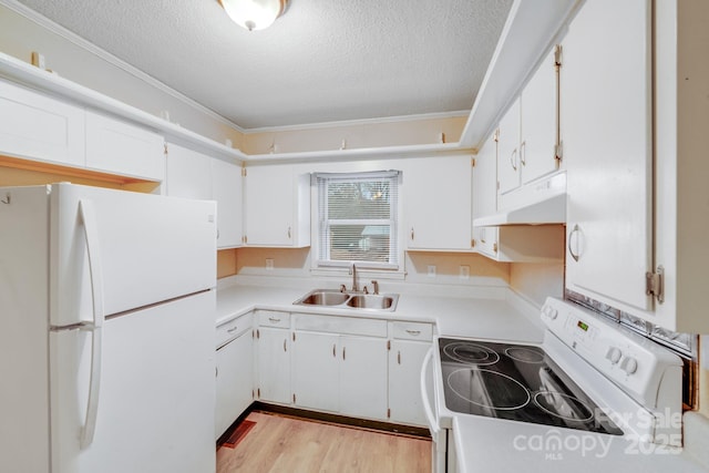 kitchen featuring light countertops, white appliances, a sink, and white cabinetry