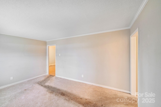 spare room featuring ornamental molding, light colored carpet, a textured ceiling, and baseboards