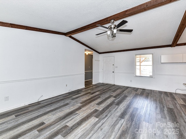 empty room with dark wood-style flooring, vaulted ceiling with beams, a textured ceiling, and ceiling fan