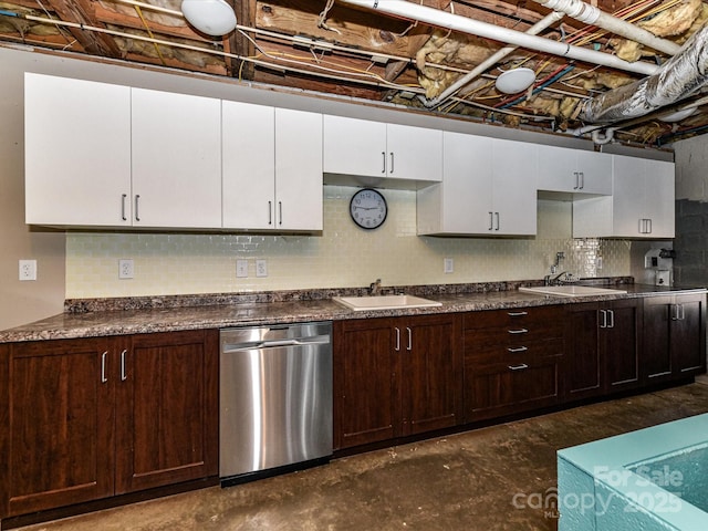 kitchen with a sink, dark countertops, white cabinetry, and stainless steel dishwasher