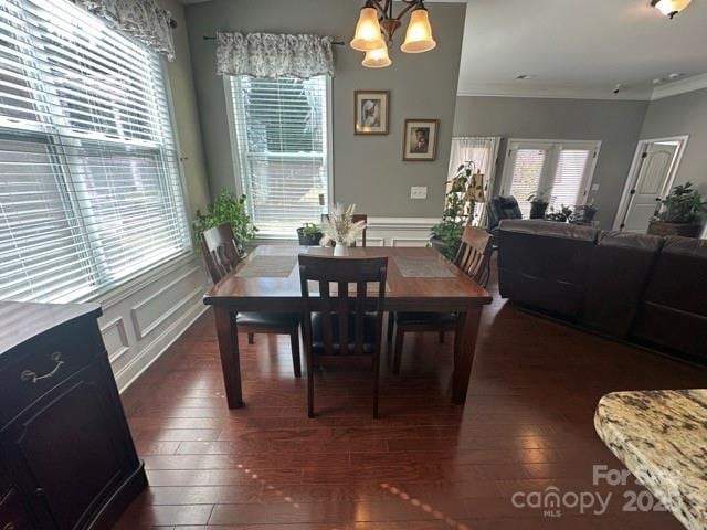 dining space featuring dark wood-style floors, plenty of natural light, and a notable chandelier