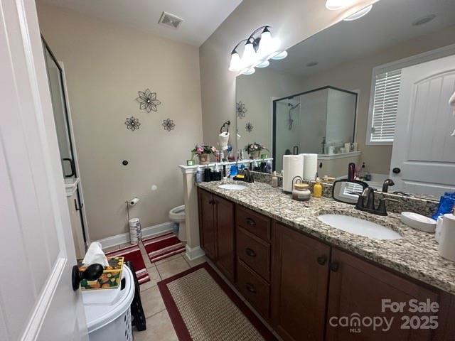 full bathroom featuring a sink, visible vents, a shower stall, tile patterned floors, and double vanity