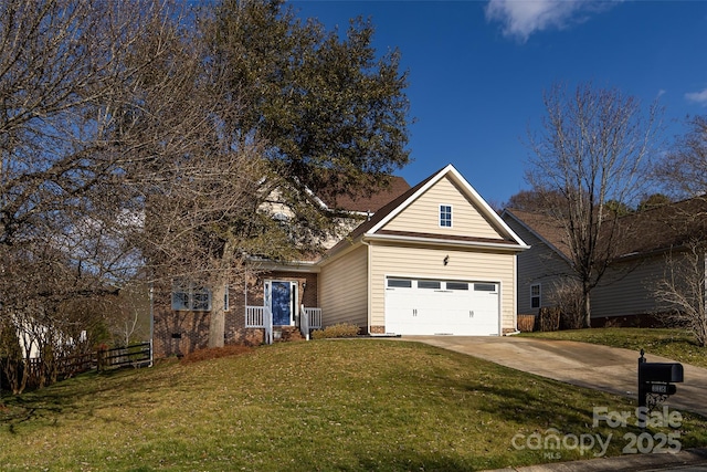 view of front of home with a garage, a front yard, brick siding, and driveway