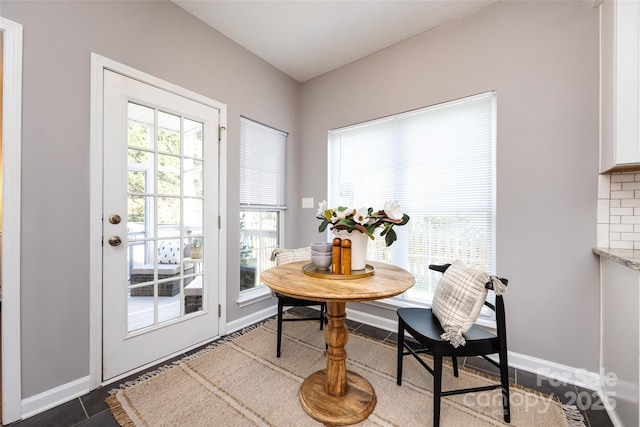 dining room with a healthy amount of sunlight, dark tile patterned floors, and baseboards