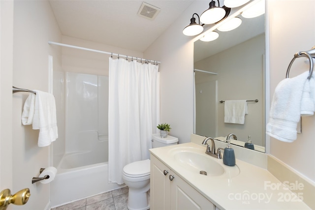 full bath with toilet, vanity, visible vents, tile patterned floors, and shower / bath combo with shower curtain